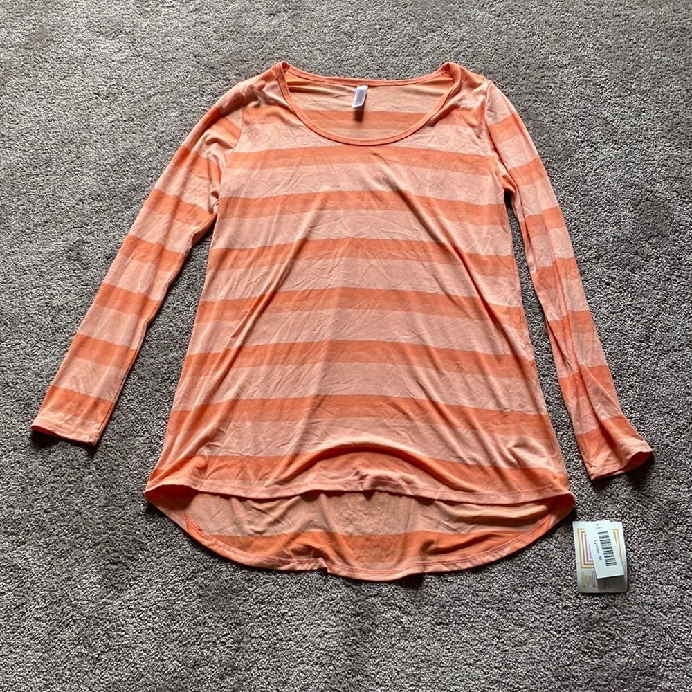 LuLaRoe Lynnae Peach Striped Long Sleeve Top High Low Hem SIZE M
